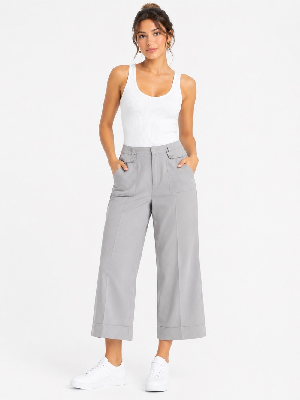 Ispiri Modern Fit Grey Cropped Wide Leg Dress Pants Size 12 x 24 Stretch